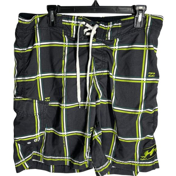 Billabong Swim Board Shorts Men Size 36 Green Plaid Swimwear Trunks Beach - Picture 1 of 5